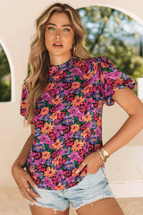 Chemisier multicolore à imprimé floral, col rond, manches bouffantes-A WOMAN WE LOVE