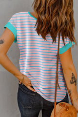 Short-sleeved and half-zip top with pink contrast stripes