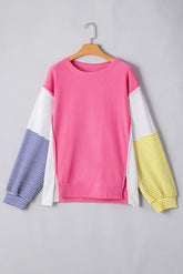 Plus Size Pink Red Color Block Patchwork Striped Puff Sleeve Top with Slits