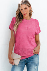 Short sleeve sweater in textured knitting in bright pink trellis