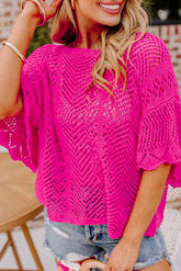 Short -sleeved pink roller -knitting top with scalloped edges