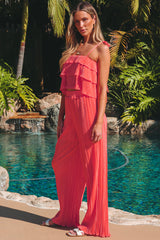 Ensemble pantalon large plissé à caraco et à volants châtain pâle-A WOMAN WE LOVE