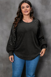 Plus Size Black Sequin Patchwork Long Sleeve Crew Neck Top