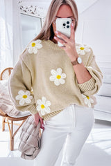 Pull en grosse maille au crochet floral parchemin