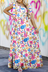 Floral maxi dress with tie straps and red pink striped trim