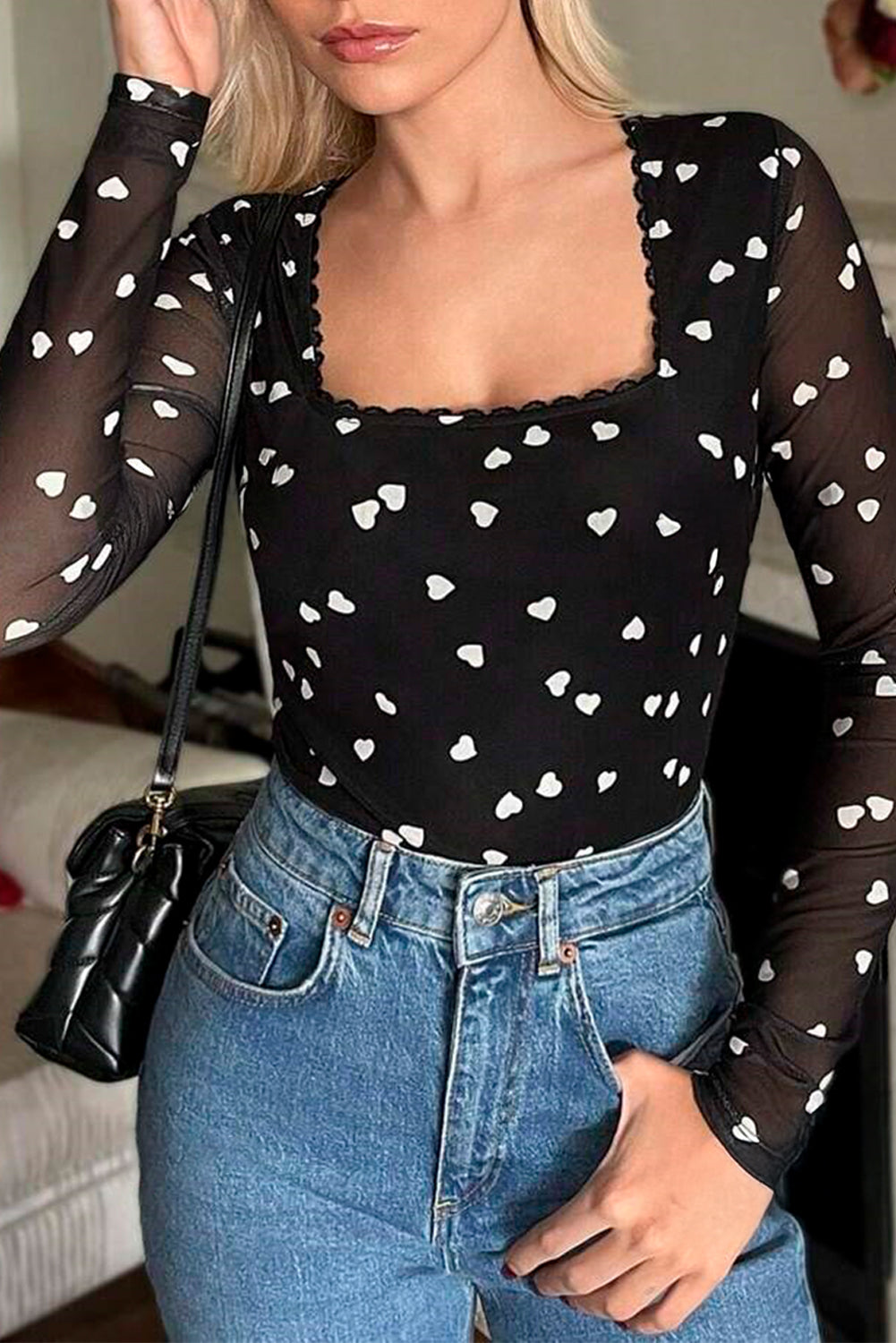 Body noir à col carré et patchwork en maille en forme de cœur-A WOMAN WE LOVE