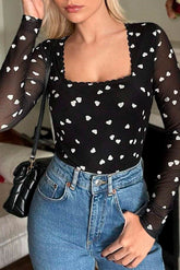 Body noir à col carré et patchwork en maille en forme de cœur-A WOMAN WE LOVE