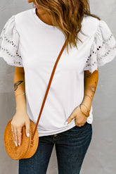 White t-shirt with robbered and openwork sleeves