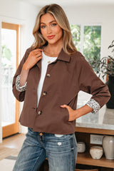 Veste marron foncé à col et doublure léopard patchwork
