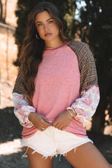 Blouse patchwork en tricot côtelé à manches raglan et imprimé mixte Fushia-A WOMAN WE LOVE