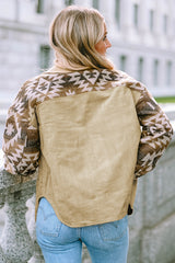 Khaki corduroy jacket with frayed edges and Aztec print