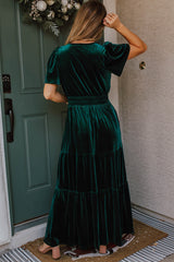 Evergreen Velvet Long Dress with Short Sleeves and Tiered Ruched Waist
