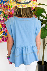 Denim Basque top with trendy seams beautiful blue