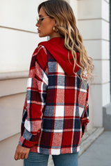 Bright red hooded jacket checkered buttoned on the front