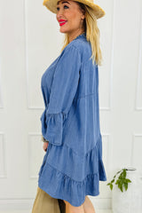 Sky Blue Chambray Ruffle Mini Dress with Tiered 3/4 Sleeves and Split V-Neck