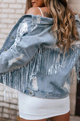 Sky blue distressed denim jacket with sequin fringes