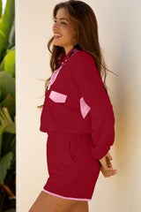 Tenue 2 pièces pull et short à demi-boutons en patchwork de blocs de couleurs Dahlia rouge