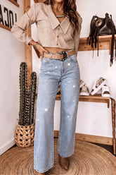 Jean bleu ciel à strass et taille haute, longueur cheville