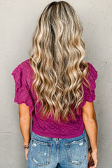 Textured knitting sweater with short sleeves and purple flying