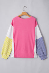 Plus Size Pink Red Color Block Patchwork Striped Puff Sleeve Top with Slits
