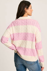Pink Striped Cable Knit Henley Sweater