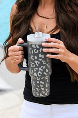 Portable cup in 40oz stainless steel with gray leopard print with handle