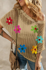Pull ajouré à fleurs au crochet beige *