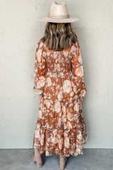 Brown Floral Print Ruched Square Neck High Waist Maxi Dress