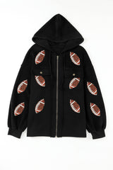 Black Sequin Zip Up Hoodie with Rugby and Football Pattern