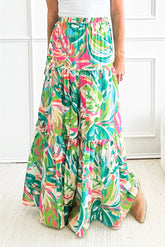 Long ruffle skirt high -printed abstract green print