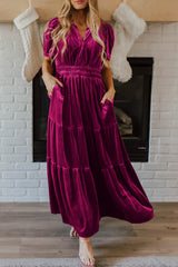 Red Dahlia Velvet Maxi Dress with Short Sleeves and Tiered Ruched Waist