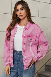 Pink Lace Distressed Buttoned Denim Jacket