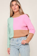 Multicolored sweater with high neck and color block ribbed trim