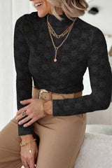 Black long sleeve floral lace mock neck top
