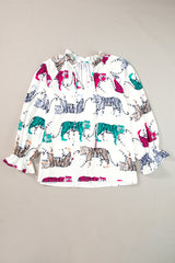 Chemisier blanc à manches lanternes à volants et imprimé tigre coloré-A WOMAN WE LOVE