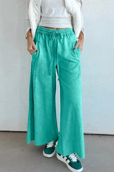 Pantalon ample vert d'eau avec cordon de serrage et taille élastique, ourlet brut