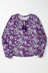 Chemisier violet à manches bouffantes et col en V fendu à fleurs style Boho-A WOMAN WE LOVE
