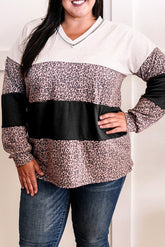 Plus Size Black Leopard Print Color Block Long Sleeve V Neck Top