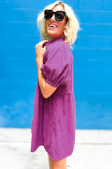 Robe babydoll à col et manches bouffantes en velours côtelé rouge rose