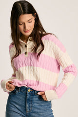 Pink Striped Cable Knit Henley Sweater