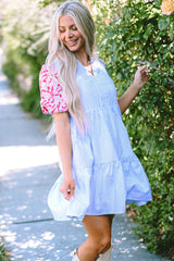 Sky Blue Contrast Floral Striped Tiered Ruffle Dress with Puff Sleeves