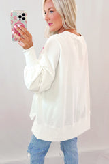 Sudadera blanca de gran tamaño con lentejuelas y pajarita, arriba y abajo