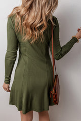Guacamole Green Ribbed Knit Mini Dress, Square Neck, Button Down, Long Sleeves