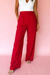 Pantalon droit ample à taille haute élastique rouge vif