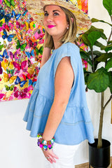 Denim Basque top with trendy seams beautiful blue