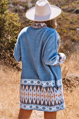 Cardigan tricoté bleu à imprimé aztèque ouvert sur le devant-A WOMAN WE LOVE