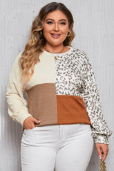 Plus Size Leopard Splicing Color Block Ribbed Khaki Top