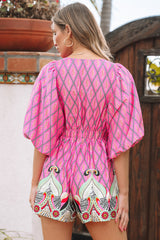 Combi-short taille haute à imprimé géométrique cachemire rose à col en V