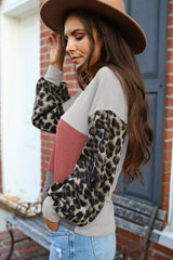 Bright Red Wild Leopard Contrast Sleeve Color Block Waffle Knit Top