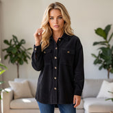 Black buttoned jacket with flap pocket in corduroy